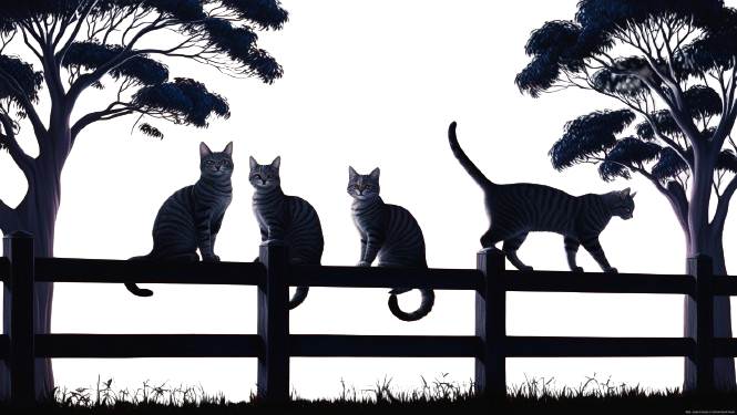 Four tabby cats silhouetted on a post and rail fence.